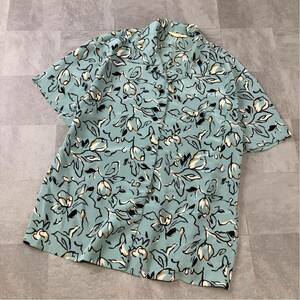 90s ALTO 総柄 花柄 オープンカラーシャツ アロハシャツ ポリシャツ レディース フリーサイズ 大きめサイズ感 くすみブルー