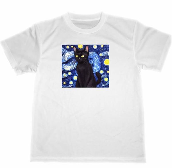 Katze trockenen T-shirt 7 Schwarze katze Katze abbildung Malerei Kunst Van Gogh Sternennacht stil Meisterwerk Waren, Große Größe, Rundhals, Eine Illustration, Charakter