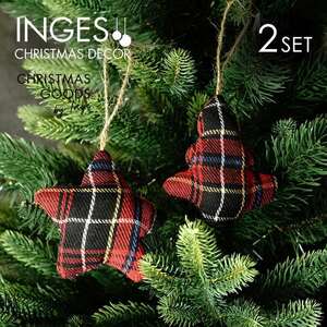 クリスマスツリー オーナメント INGE-GLAS GOODS フェルト ツリー もみの木 チェック柄 レッド 赤 9cm 2個入［700000778］