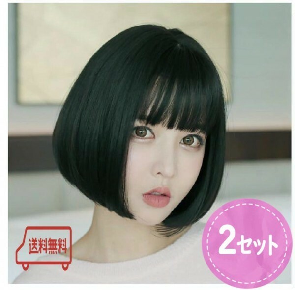 【匿名・ＳＡＬＥ価格】２セット【フルウィッグ】上品ボブ　黒髪　さらさらヘアー　ブラック　マットブラック（ネット付）pay2