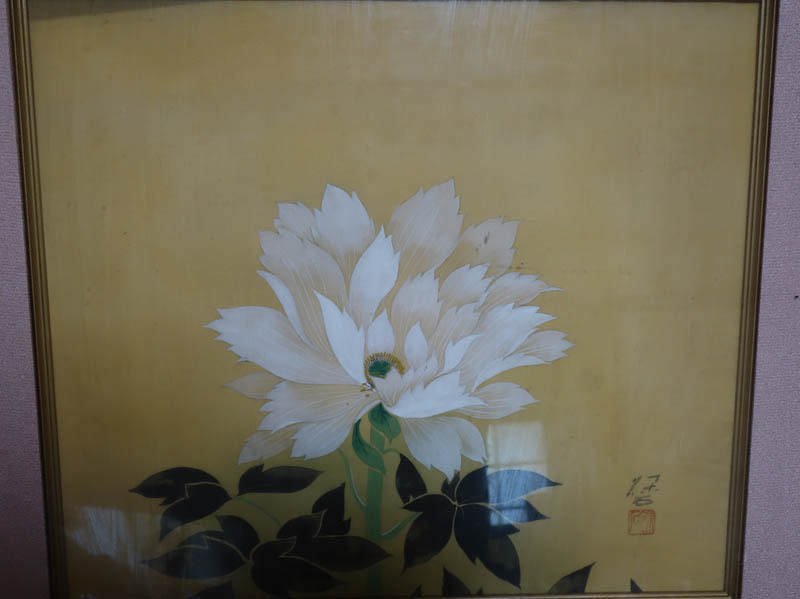 蚤の市z 日本画 花 牡丹 額装 額71cm×65cm 画49cm×44cm F20 美術品 深谷, 絵画, 日本画, 花鳥, 鳥獣