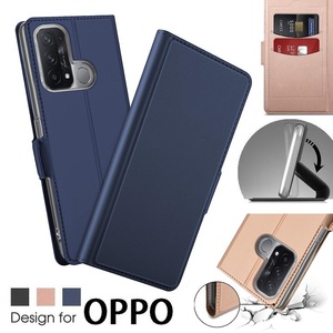 OPPO Reno5 A用 高級PUレザー TPU 手帳型 フリップ保護ケース スタンド機能 マグネット付 カード入れ付 紺
