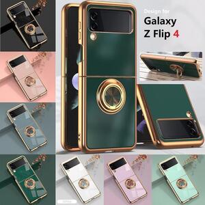 Galaxy Z Flip 4 SC-54C用 TPU 6D ソフト リング付き バックカバー 保護ケース 折り畳み 衝撃吸収 落下防止 スタンド 電気メッキ エメ緑