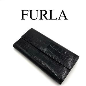 FURLA フルラ 長財布 クロコ型押し 総柄 フラップ 裏地総柄 レザー