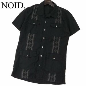 NOID. ノーアイディー 春夏 麻100%★ 刺繍&ポケット 半袖 リネン キューバ シャツ Sz.2　メンズ 黒　I3T00559_7#A