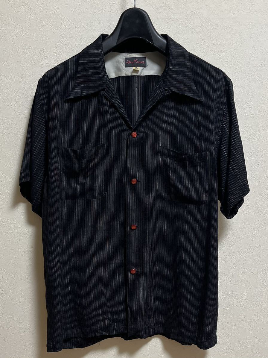 Dry Bones シャツ M カスリ 絣 ストライプ ネップ 黒 レーヨン 半袖