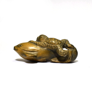  netsuke Самшит мелколистный река ... желтый . деликатный скульптура из дерева Kappa namaz[a31-17]