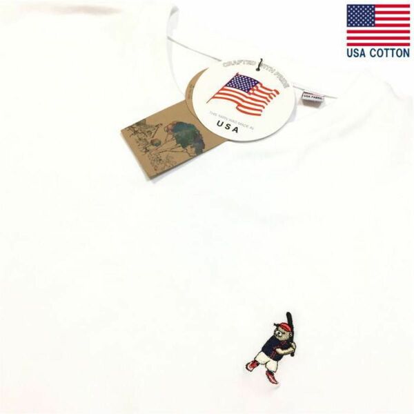 新品 Ｌサイズ USAコットン クマ刺繍 ワンポイント Ｔシャツ くま刺繍 半袖Ｔシャツ ベースボール ベア WBC 野球 白