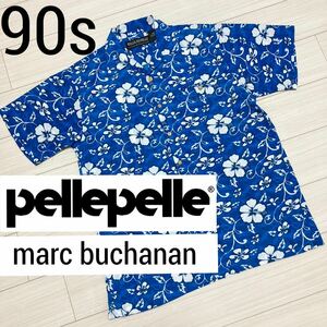 90s■pelle pelle marc buchanan■花柄 アロハシャツ L ブルー 白 ハイビスカス オープンカラー ビッグサイズ ペレペレ マークブキャナン