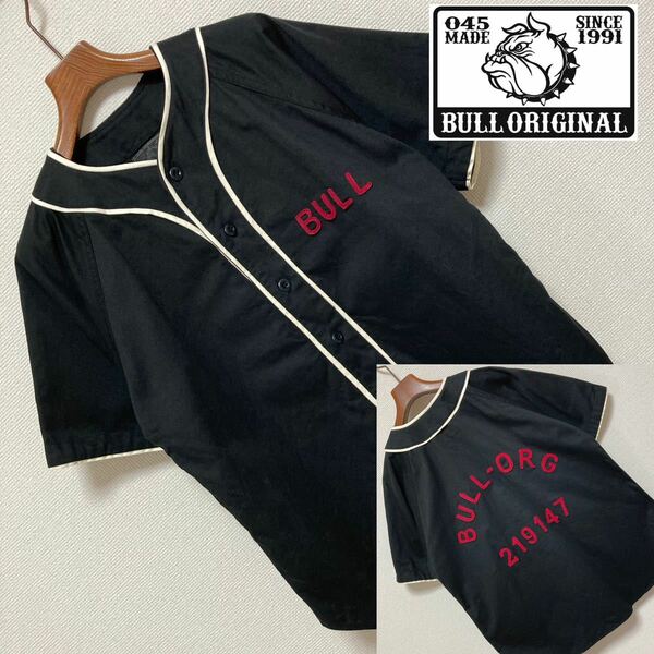 BULL ORIGINAL ブルオリジナル■フェルトワッペン ベースボールシャツ S ブラック 白 赤 半袖 レトロ BULL-ORG 219147 初期