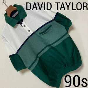 90s■DAVID TAYLOR■プルオーバー ポロシャツ パネル 切替 M グリーン 白 半袖 リブ オールドスケート Vintageオールド デビッドテイラー