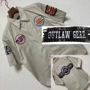 良品■OUTLAW GEAR アウトロー CORIN■ワッペン ワークシャツ M ベージュ 刺繍 半袖 TOKYO UENO BIKETOWN バイカー コーリン KADOYA