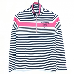 【美品】マンシングウェア 長袖ハイネックシャツ 白×ネイビー×ピンク ボーダー ハーフジップ レディース M ゴルフウェア Munsingwear