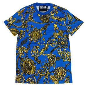 ヴェルサーチ ジーンズ クチュール 半袖 Tシャツ 71GAH6S0 JS015 G24 サイズL 総柄 ブルー 並行輸入品 クリックポストで送料無料