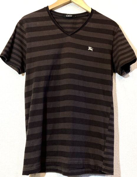 BURBERRY BLACK LABEL◎Tシャツ◎ワンポイント◎ボーダー◎廃番ライン◎日本製◎バーバリー◎ブラックレーベル◎定価1万円◎ブラウン◎茶