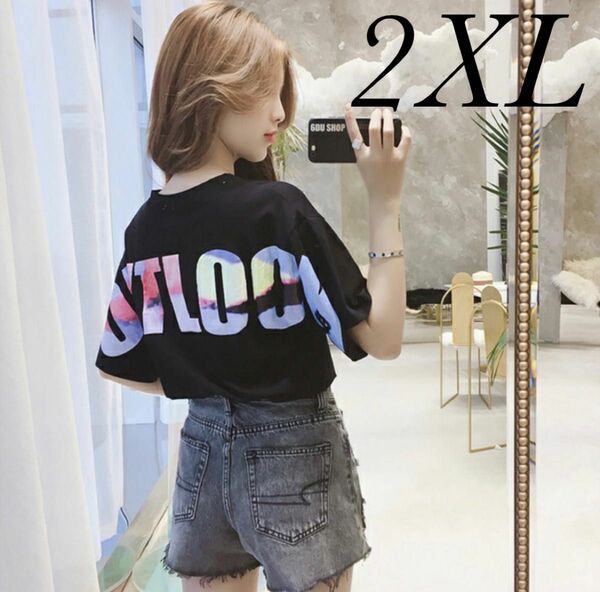 レディース バックプリント ロゴ Tシャツ 黒 ブラック 韓国ファッション 2XL