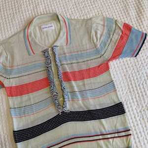 TSUMORI CHISATO Tsumori Chisato frill polo-shirt size 2 cotton sax border pattern 