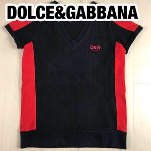 DOLCE&GABBANA ドルチェアンドガッバーナ 半袖 Tシャツ ブラック×レッド 切り返し シールプリント