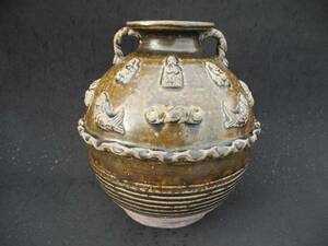 中國 隋 ~ 唐時代 青釉堆塑佛像四系罐