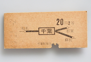 【切符硬券】昭和43年(1968) 国鉄『千葉20円区間乗車券 2等』◆古びています