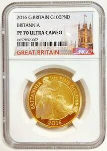 21枚のみ 2016年 英国 イギリス ブリタニア ライオン 100ポンド 1オンス プルーフ 金貨 NGC PF70 ULTRA CAMEO