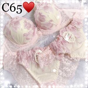 セール★C65M★ミルキーローズ ピンク★ブラジャー&2ショーツセット★Tバック付き3点セット★花柄 レース Cカップ アンダー65 下着★みゆ