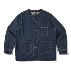 ワーク風味 ノーカラーデニムジャケットKRK-NXB418-J665-2-ライトブルー-M Karaku