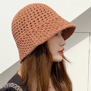 新品未使用 麦わら帽子 バケットハット UV対策 小顔効果 韓国 トレンド レディース ブラウン 折りたたみ 手編み帽子