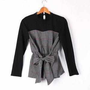  As Know As Pinky pe plum pull over long sleeve ribbon check cut and sewn tops M corresponding lady's F size black ASKNOWAS