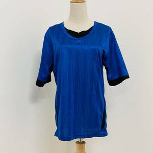 z1019 美品 DRY MESH COMPLETE FIX レディース Tシャツ 薄手 透け感 光沢 ストライプ 重ね着風 LL 青 黒 万能 スポーティチックスタイル