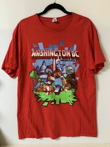 即決/WASHINGTON DC マインクラフトプリントデザイン半袖Tシャツ/L/赤レッド/USED/T-shirt/Tee/使用感/柄ひび割れ