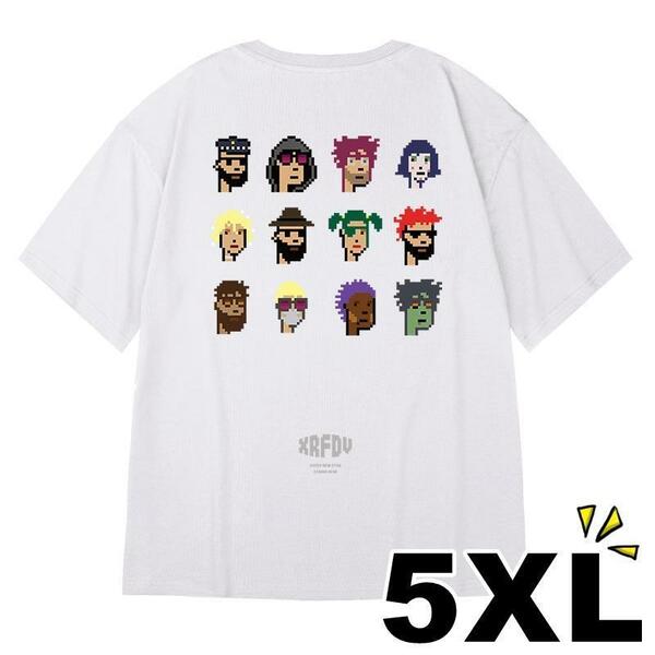 5XL 白 Tシャツ 半袖 ドット絵 キャラクター イラスト プリント おもしろ 大きいサイズ