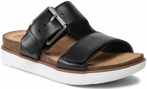 送料無料 Clarks 23cm スライド サンダル ベルクロ ブラック ヒール レザー 軽量 ソフト ソール ストラップ ウエッジ フラット at41