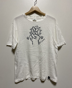 ☆Keith Haring × UNIQLO キースヘリング ユニクロ 半袖Tシャツ M 白 ホワイト ボロ 古着 ハンドサイン ブランドロゴ