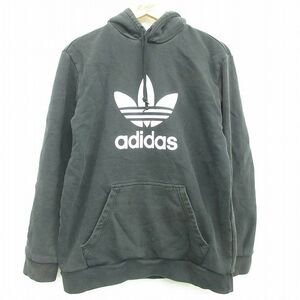 L/古着 アディダス adidas 長袖 スウェット パーカー メンズ ビッグロゴ リーフ トレフォイル 黒 ブラック 22sep09 中古 スエット トレ