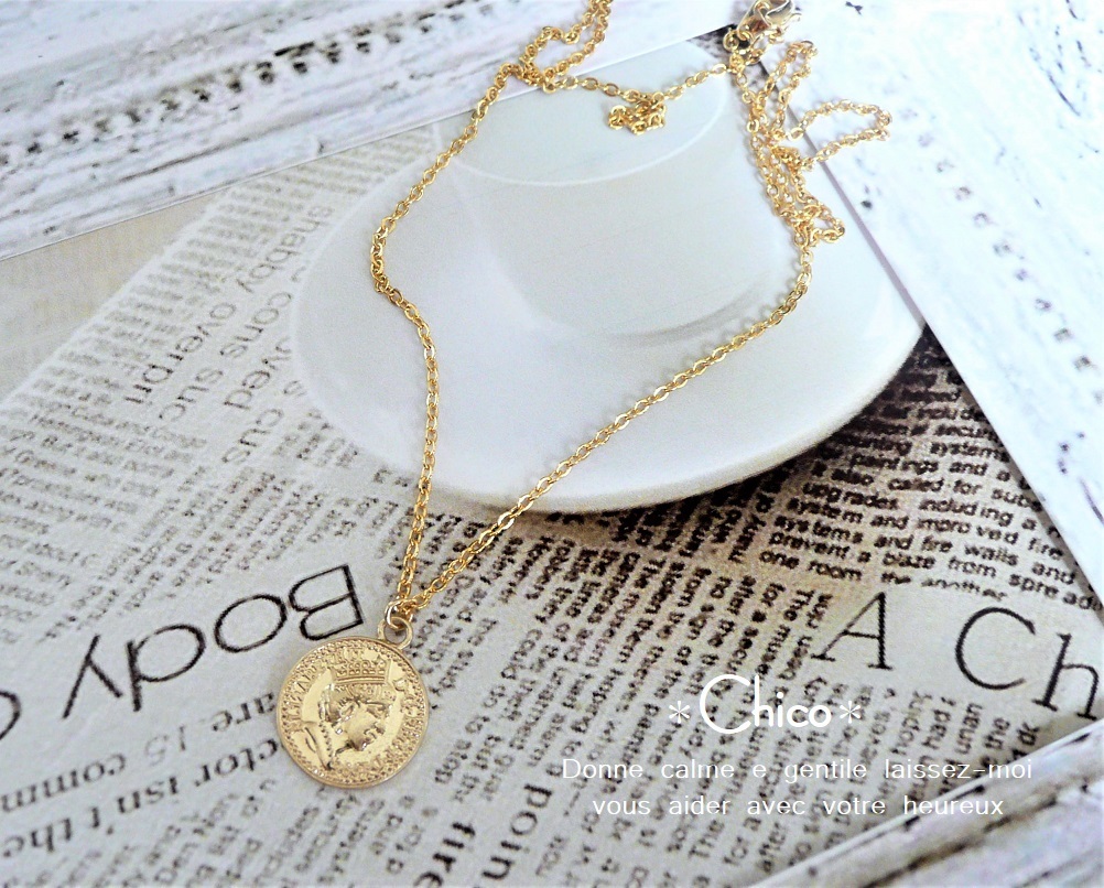 ★44cm [16KGP Chain] Gold Coin Queen Charm Simple Handmade Necklace ♪ ★Free shipping for 2 or more items!★, necklace, pendant, gold, Yellow Gold