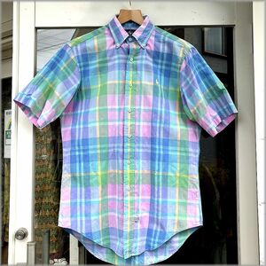 ★ポロ　ラルフローレン　90s　HAND WOVEN　マドラスチェック　ボタンダウン　半袖シャツ　S★検 ビンテージ 80s 手織り アメリカ 古着