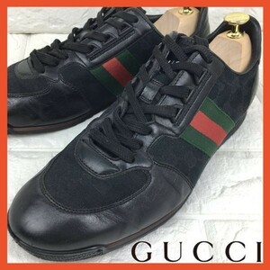 即決 GUCCI グッチ メンズ 7G 26.0 レザースニーカー イタリア製 シェリーライン GG柄 モノグラム カジュアル 本革 本皮 革靴 人気 定番 黒