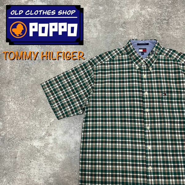 トミーヒルフィガー☆ワンポイントフラッグ刺繍ロゴ半袖チェックシャツ グリーン　半袖シャツ