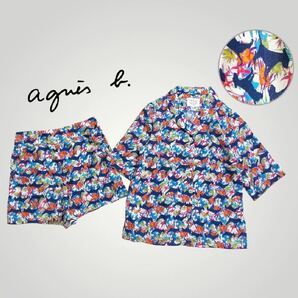 [美品 希少] agnes b. アニエスベー セットアップ 開襟シャツ ショーツ 総柄 犬 花 レーヨン ボタニカル 38 M サイズ