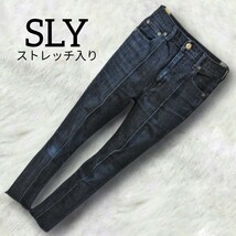 10【SLY】 スライ ハイウエスト ピンタック ストレッチ デニム ジーンズ 24 カットオフ 濃紺 インディゴ 濃い色 ハイライズ レディース_画像1