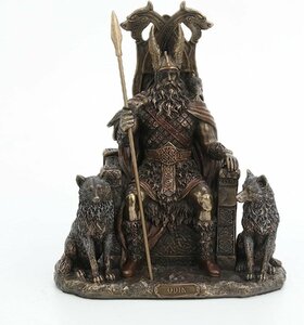 オオカミを伴って玉座に座るオーディン彫像 ブロンズ風仕上げ彫刻 北欧ケルト民話 高さ 約26cm プレゼント贈り物 輸入品