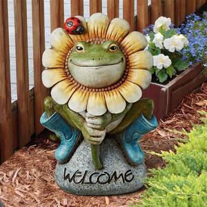 花の帽子をかぶったカエル 庭園のウェルカムサイン彫像 ガーデン彫刻 野外イテリア 玄関 エントランス 新築祝い 輸入品