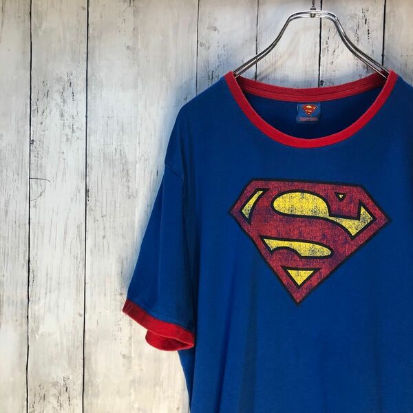 スーパーマンtシャツ メンズtシャツ ブルー L ビックロゴ 人気