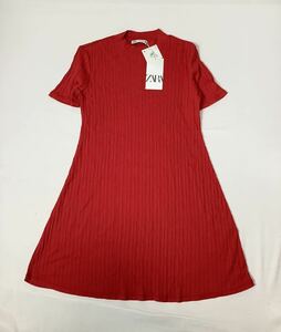 (未使用 レディース) ZARA ザラ // 半袖 コットン リブニット ミニ ワンピース (赤) サイズ S