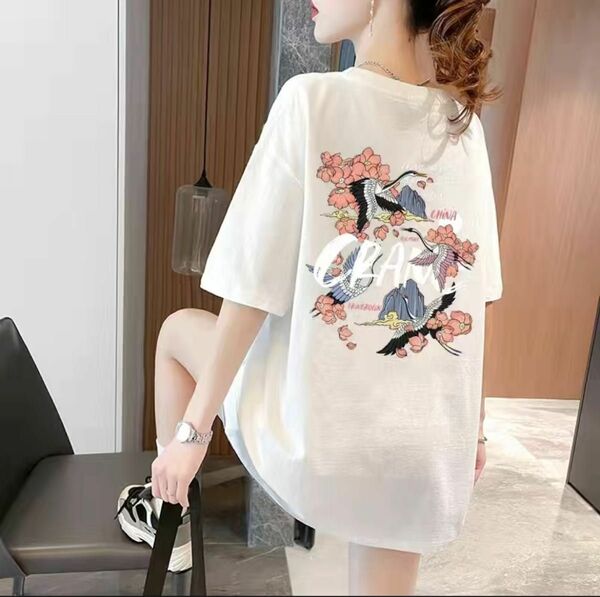 レディース、韓国風、ゆったり半袖、可愛い花鶴柄半袖Tシャツ、おしゃれタイプ