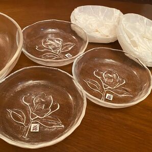 広田硝子 鋳造り 花 大皿1枚、中皿5枚 箱あり 新品未使用