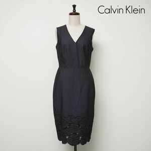  new goods unused Calvin Klein Calvin Klein hem floral print embroidery V neck no sleeve tight One-piece lining none lady's navy blue size 4*EC239