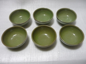 送料無料◆緑色 蓬色 貫入◆ お鉢 6客セット◆ 陶右衛門?◆ 陶磁器 食器 瀬戸物◆小鉢 お茶碗◆