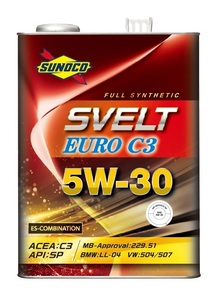 送料無料！ SUNOCO　SVELT EURO　スノコ　スヴェルト ユーロ　C3　5W-30　C3/SP　Full Synthetic（エステル配合） 4L缶ｘ4　エンジンオイル